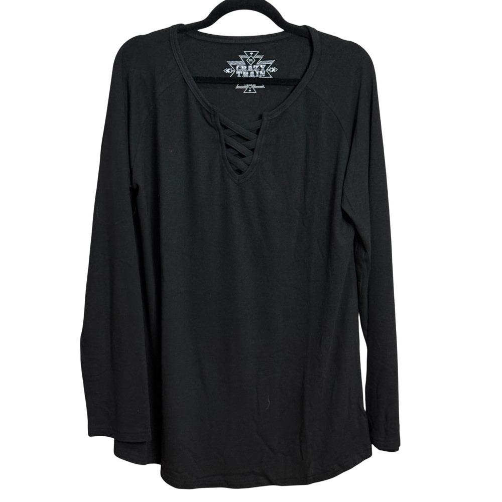 Crazy Train Black Long Sleeve Lace Up V Neck Tunic Top Plus 2XL Everyday Comfort